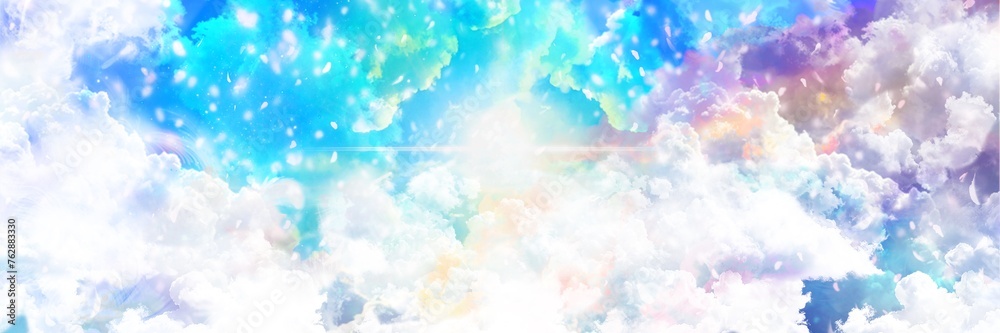 虹色の雲間から神々しく輝く美しい天国の入り口と桜の花びらと白い雲海の背景イラスト