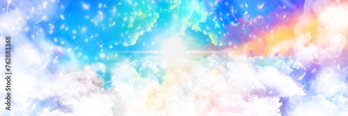 虹色の雲間から神々しく輝く美しい天国の入り口と桜の花びらと白い雲海の背景イラスト