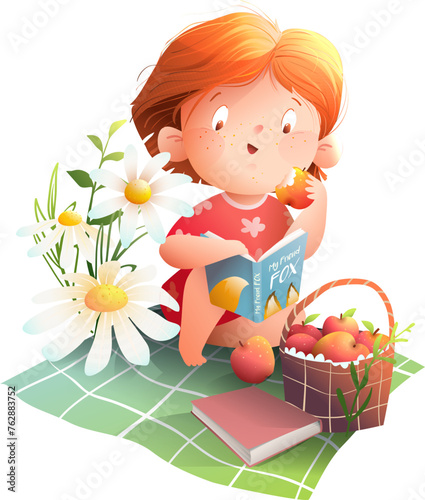 Cute Little Girl Reading Book in Nature Picnic