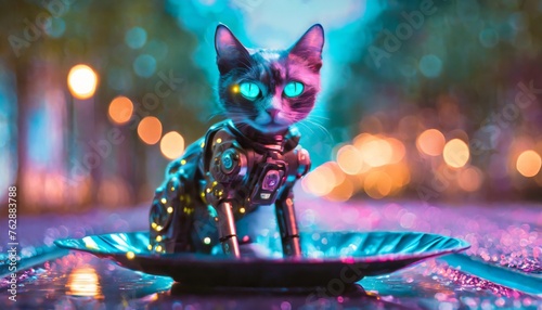 Robotic cat , sitting on a metallic plate, cyber punk concept.