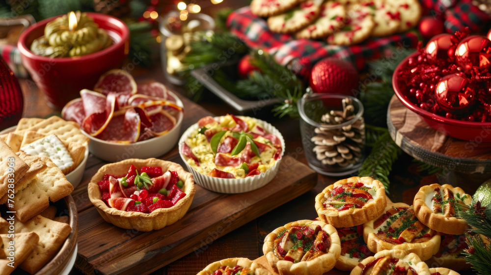 A festive red and green picnic spread includes mini quiches meat and cheese platters and festive sugar cookies.