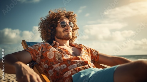 Relax in summer by the sea. A young and successful curly man lies on a sun lounger by the sea against the backdrop of sunset, time to travel