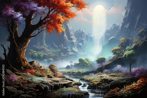 Beautiful cave waterfall river oil painting wall art with generative AI