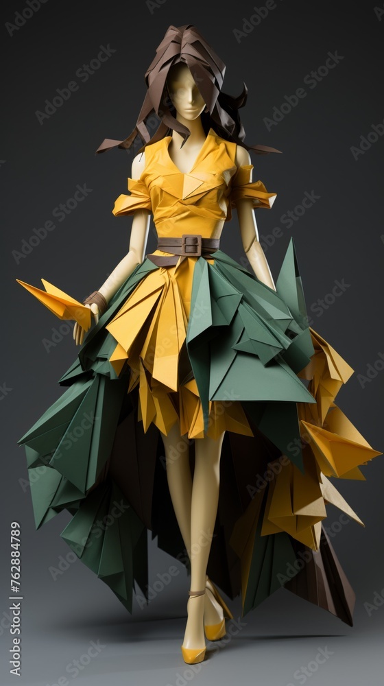 Fototapeta premium A yellow and brown and green origami figure wears an avant-garde outfit with geometric shapes dance with high heels. The big falcon that made of origami with her