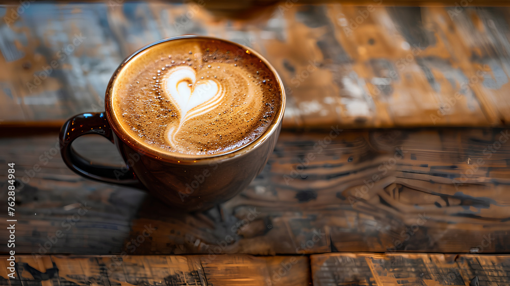 Cup of coffee with a heart-shaped latte art on wooden table. Love and Romantic coffee, Aroma, enjoy beverage, Relax on vacation with hot drinks.