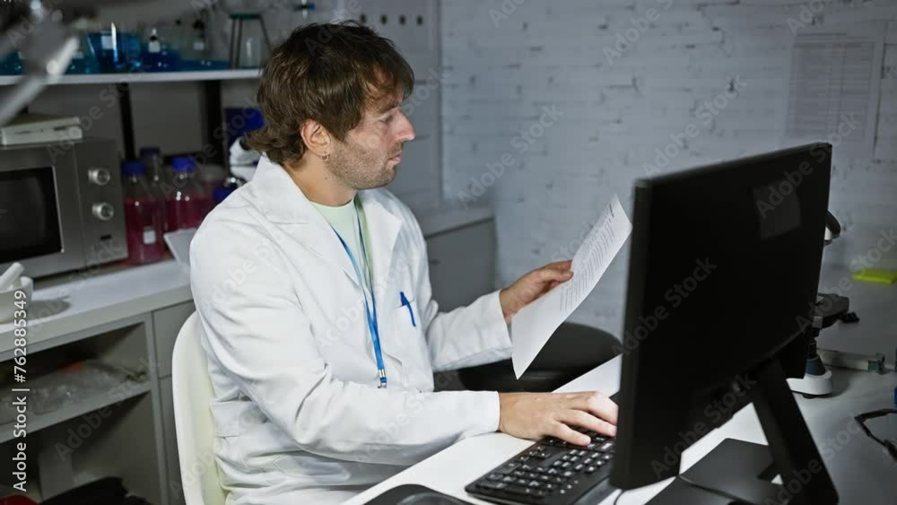 A caucasian man with a beard reads a document while working on a computer in a laboratory setting. A caucasian man with a beard reads a document while working on a computer in a laboratory setting.