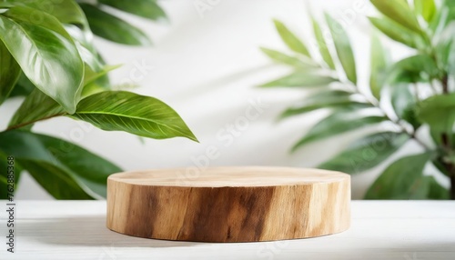 Wooden product display podium with blurred nature leaves background.