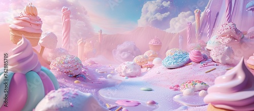 A 3D Candy Land background with pastel hues, depicting a whimsical landscape of sugary treats. 🍭🌈✨ Immerse in a magical world of enchantment! photo