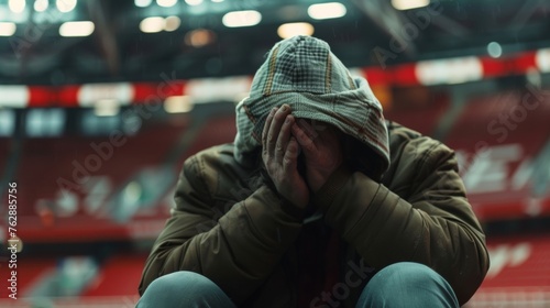 A lone fan sat with their head in their hands devastated as they watched their team lose in a heartbreaking defeat.