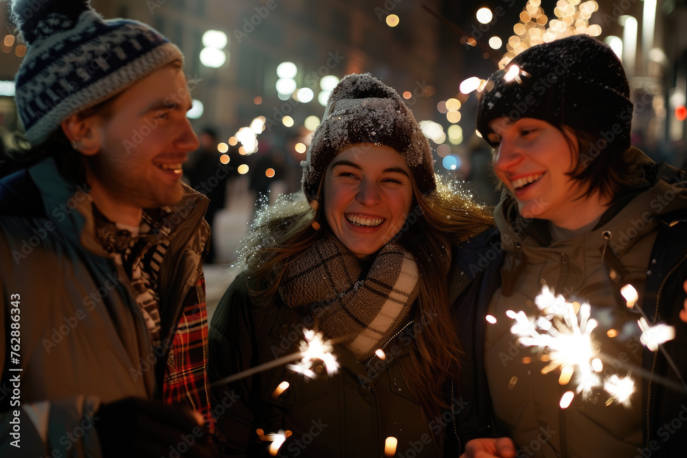 Happy friends with sparklers celebrating New Year's Eve outdoors, laughing and having fun together on the street in winter