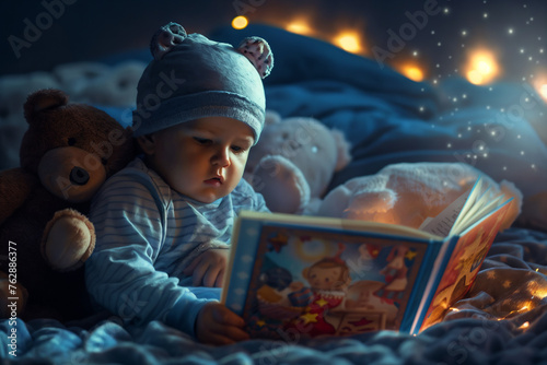 Bedtime Story: a baby reading a bedtime story in the bed cozy pajamas and stuffed animals nearby. © ebhanu