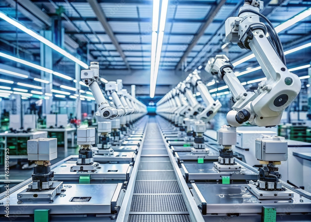 Naklejka premium Fully Automated Modern PCB Assembly Line Equipped with Advanced High Precision Robot Arms