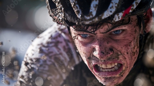 The sweatdrenched jersey and gritted teeth showing the intensity of the race. photo