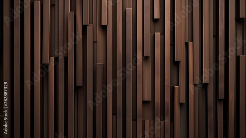 Abstract wooden slats pattern with varying depths on a dark background. Textured modern architecture and design concept.