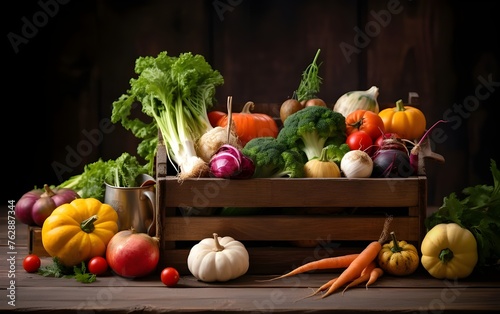 A colorful assortment of fresh vegetables in a wooden box. Wooden box vegetables Vegetables crate