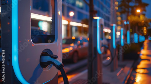 Electric car charging station, downtown sustainable city, twilight, soft LED lighting, close-up, energy-efficient design photo
