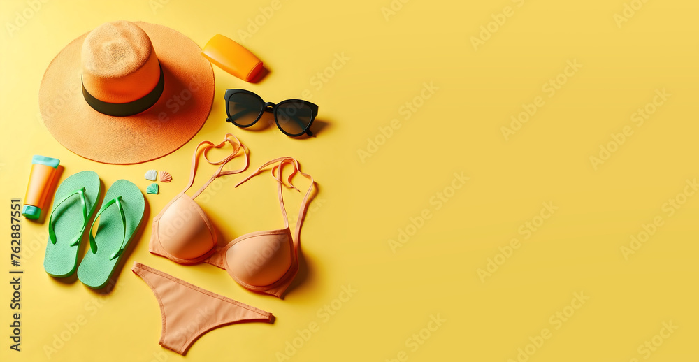 Un grand chapeau en osier, un bikini, une paire de lunettes de soleil, des tongs, des coquillages et de la crème solaire posés sur un fond jaune évoquant la plage, le sable, et les vacances d'été - obrazy, fototapety, plakaty 