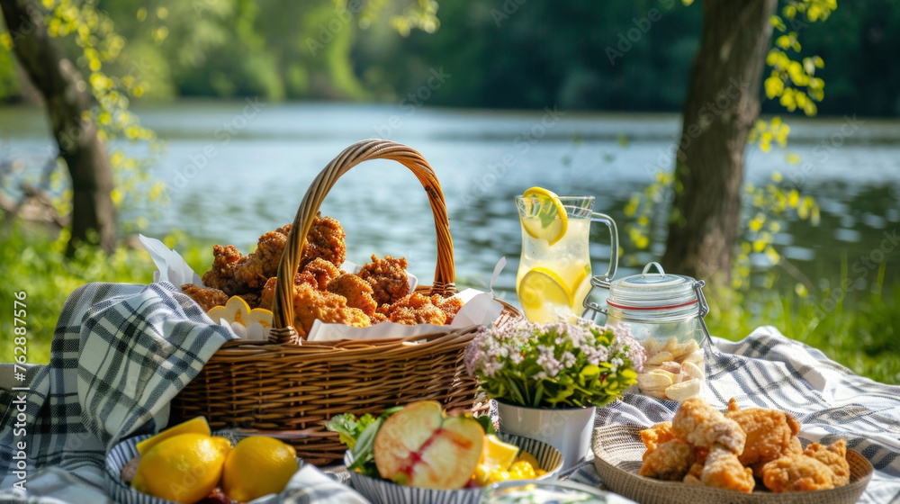 As the river flows peacefully by you indulge in a classic picnic meal of fried chicken potato salad and homemade lemonade all lovingly prepared and packed in a wicker basket.