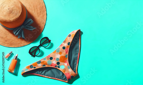 Un grand chapeau en osier, une paire de lunettes de soleil, de la crème solaire et un bikini posés sur un fond bleu turquoise, évoquant la plage et les vacances d'été photo