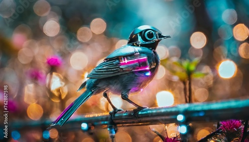 Robotic Bird , sitting on a metallic branch, cyber punk concept.