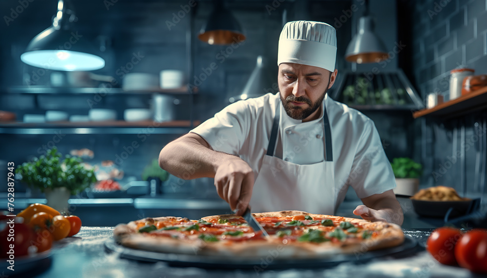 chef preparing pizza in kitchen