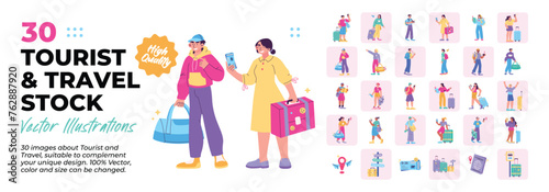 Bundle collection of tourist, traveler, adventurer, travel icon, journey, holiday concept illustrations. Set of people traveling and tourism illustration. Vector flat illustration.