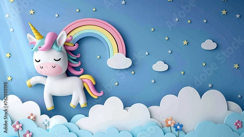 Unicorn and Rainbow Dreams  Playful Cartoon Image on Clouds for Kids  Room Decor  Toy Store and Children s Book Illustration