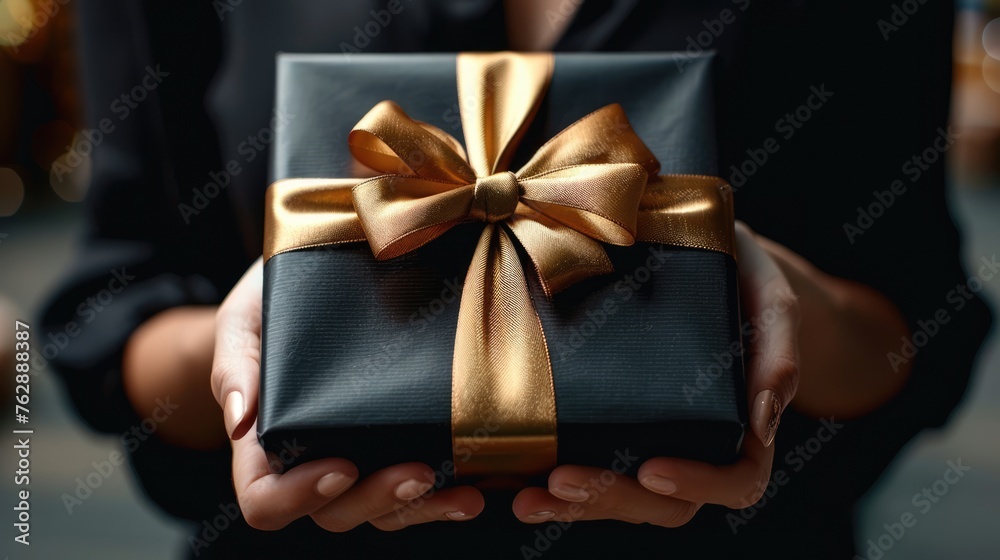 Black Friday Surprise: Woman with Gold Ribbon Gift Box in Hand and Black Shirt Ready for Shopping Spree Black Friday Surprise: Woman with Gold Ribbon Gift Box in Hand and Black Shirt Ready for Shopping Spree