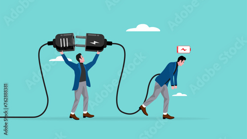 recharge energy or restore enthusiasm for work, refreshing from overwork or tiring activities, businessman connects electrical plug to power source to recharge low battery exhausted businessman worker