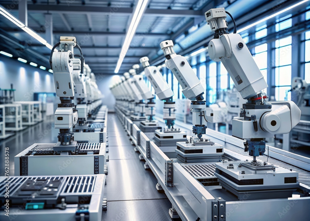 Fully Automated Modern PCB Assembly Line Equipped with Advanced High Precision Robot Arms Fully Automated Modern PCB Assembly Line Equipped with Advanced High Precision Robot Arms