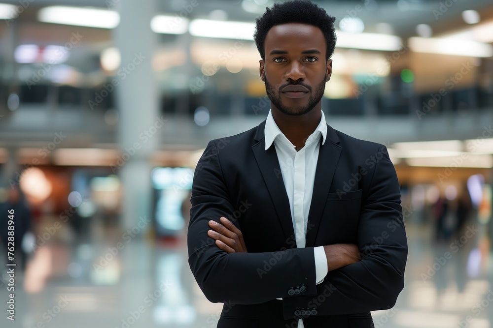 African American businessman standing with arms crossed, intense gaze, bustling airport background, epitome of corporate readiness. dynamic airport backdrop, symbol of professional preparedness.