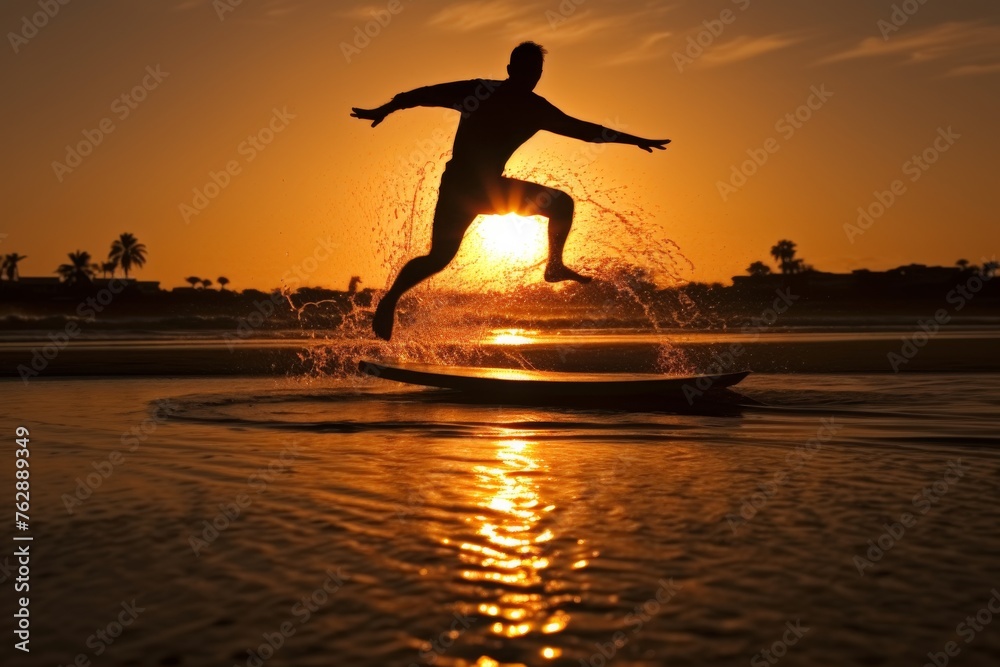 Man Jumping on Surfboard in Water