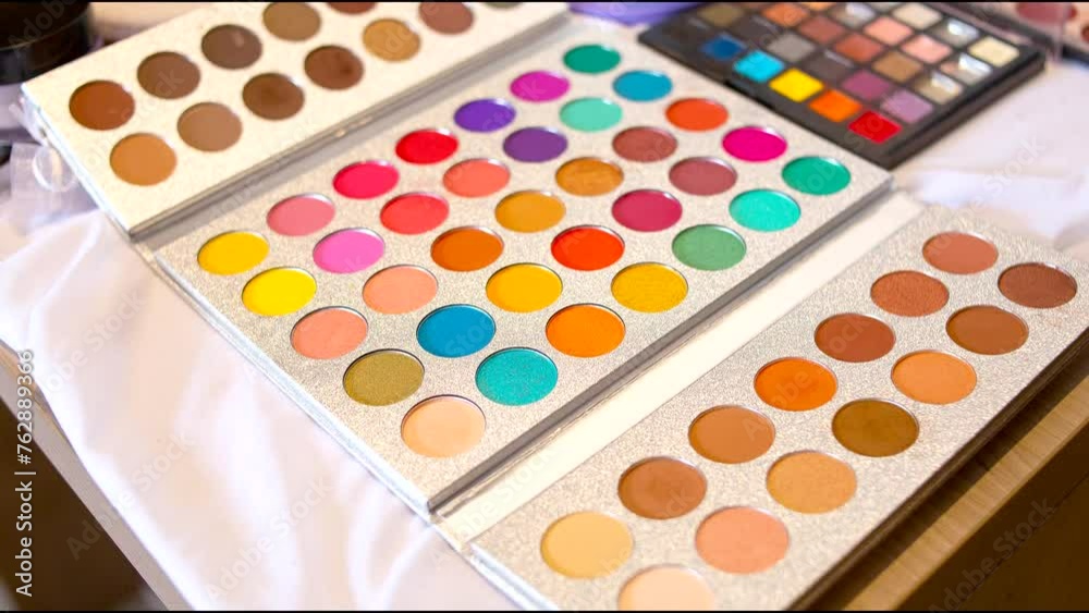 Vibrant top view of makeup palette, offering a burst of color to inspire stunning looks. A complete palette in the professional makeup kit, providing an irresistible range of colors. Vibrant top view of makeup palette, offering a burst of color to inspire stunning looks. A complete palette in the professional makeup kit, providing an irresistible range of colors.