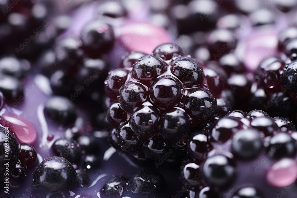 Fresh blackberries covered in violet smoothie, depth of field effect, close-up shot Fresh blackberries covered in violet smoothie, depth of field effect, close-up shot
