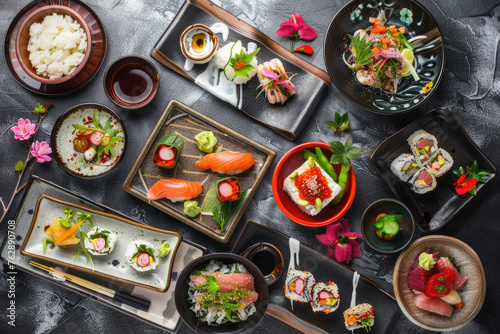 Variety of traditional Japanese dishes beautifully arranged