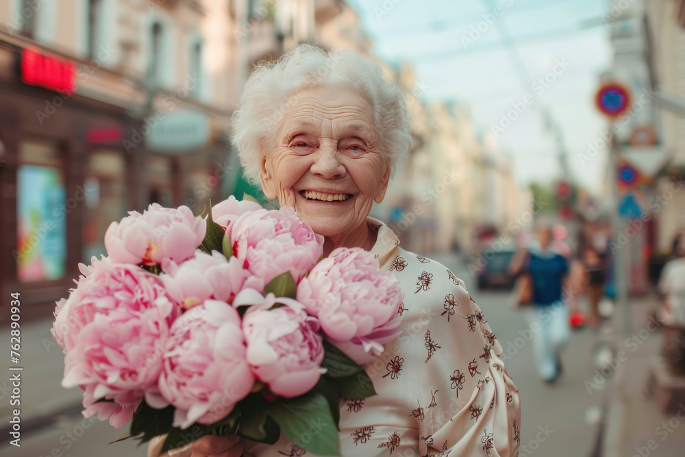 Fototapeta premium Elderly woman smiling with a bouquet of pink peonies
