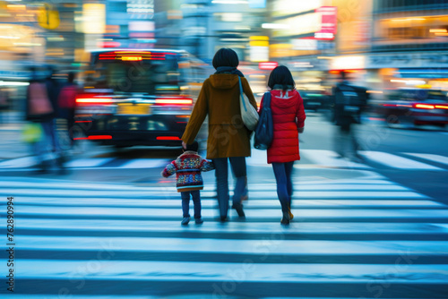 Japanese family commuting against vibrant cityscape
