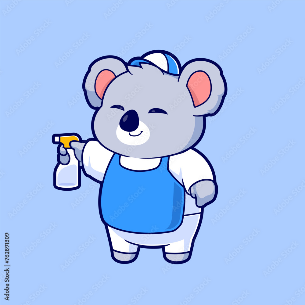 Cute Koala Cleaning Services Cartoon Vector Mascot Logo. Flat Design Animal Cartoon Illustration.