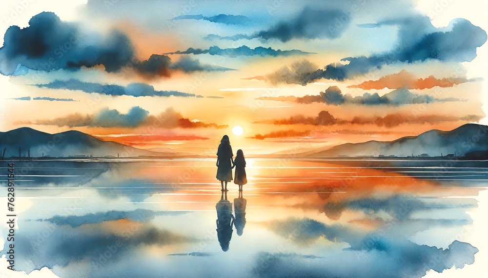 Watercolor Painting Silhouette of Mom and Daughter