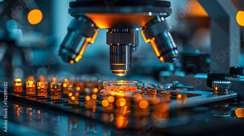 closeup shot of a futuristic microscope in a sterile futuristic lab room analyzing samples on a petri dish