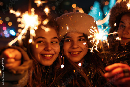 photo of young friends having fun with sparklers at a Christmas market, happy people celebrating the winter holiday in a city square