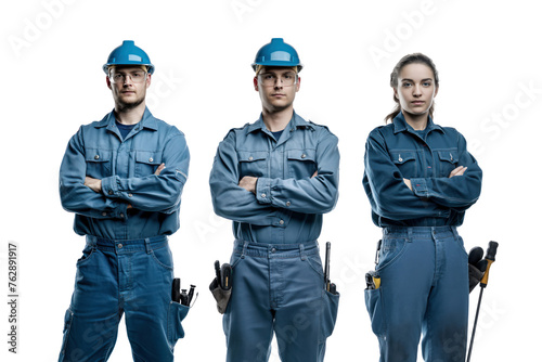 portrait of two male and one female car mechanic with their uniform and tools