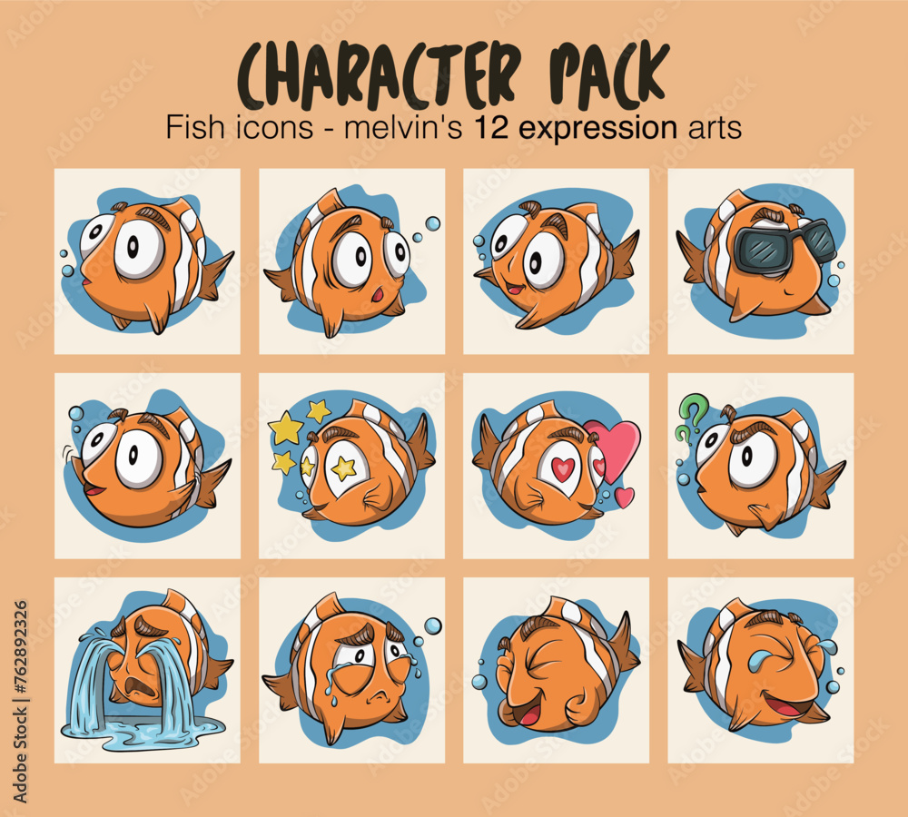 Pack of 12 fish character sticker arts | set of symbols for your design with cartoon style and funny comic characters | illustration with cute cartoon style characters | Contemporary set of different 