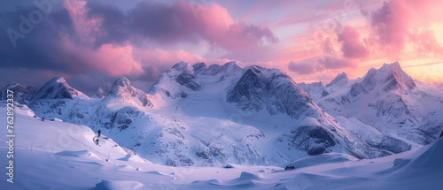Beautiful snowy mountains in Norway, wide panorama, skiers on the mountain, golden hour