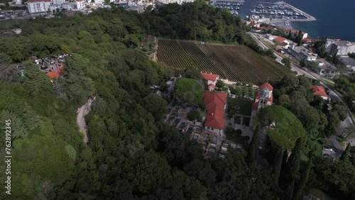 Aerial View of Savina Monastery, Vineyard and Meljine, Herceg Novi, Montenegro, Revealing Drone Shot photo