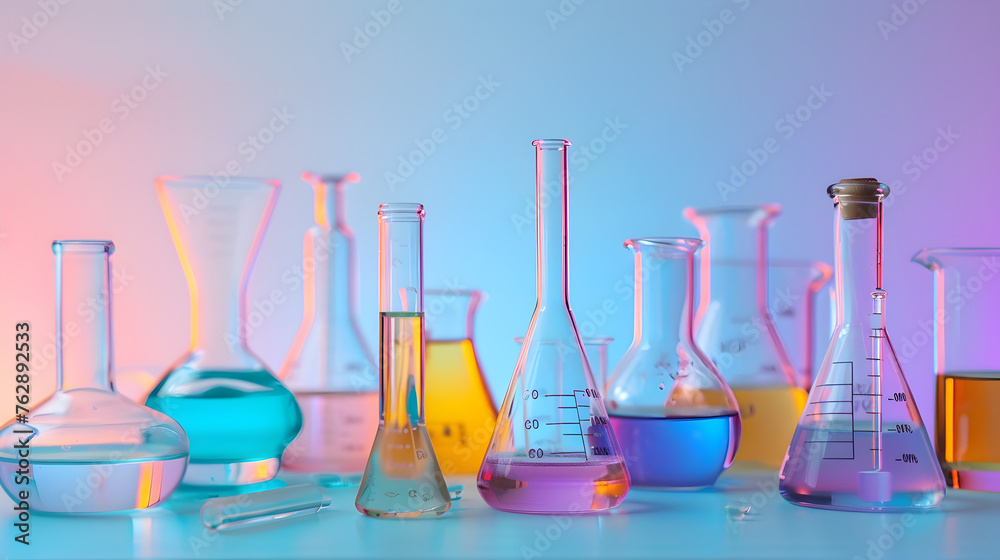 Glassware filled with various organic compounds, bubbling reactions in beakers and flasks Glassware filled with various organic compounds, bubbling reactions in beakers and flasks