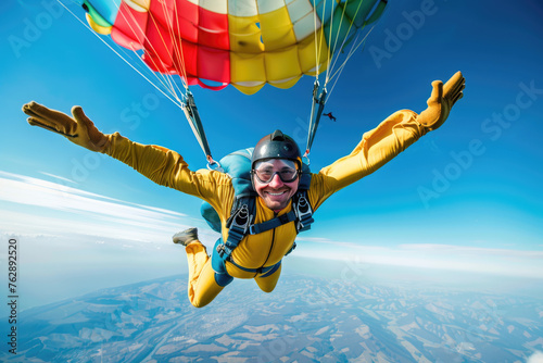 Portrait of a skydiver in a yellow suit with a blue backpack flying at a colorful parachute, holding hands and smiling to the camera while sky diving from a high altitude