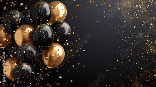 Golden Celebration: A Festive Black Balloon & Confetti Background for Graduation, Birthdays, New Year, Sales & Invitations