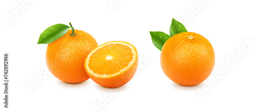 Orange with sliced and green leaves isolated on white background