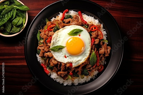 Top view Stir fried minced pork, chili and Thai basil leaves spicy with fried eggs on topped rice, Local food street menu in Thailand